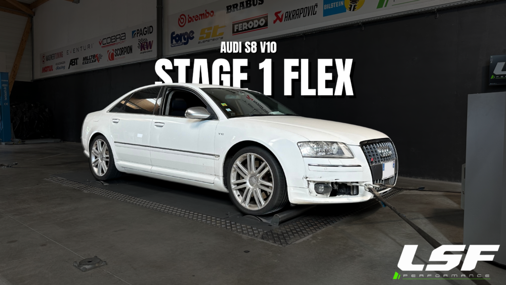 Audi S8 V10 optimisée en Stage 1 FlexFuel : plus de puissance, plus de couple et une compatibilité E85 pour un maximum de flexibilité.