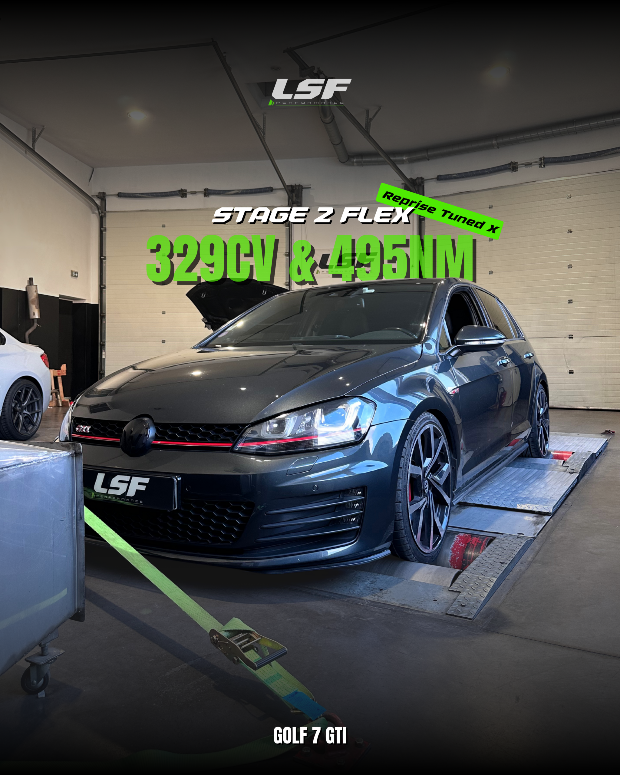 Préparation complète Stage 2 Flex pour Golf 7 GTI 2.0 230 ch chez LSF Performance 13 , Pop & Bang et ligne Catasport LSF Exhaust. Optimisation moteur sécurisée sur banc de puissance, gains de puissance et couple mesurables, sonorité sportive unique et fiabilité garantie. Installation professionnelle de la ligne complète LSF Exhaust, échappement inox haut de gamme pour Golf 7 GTI.