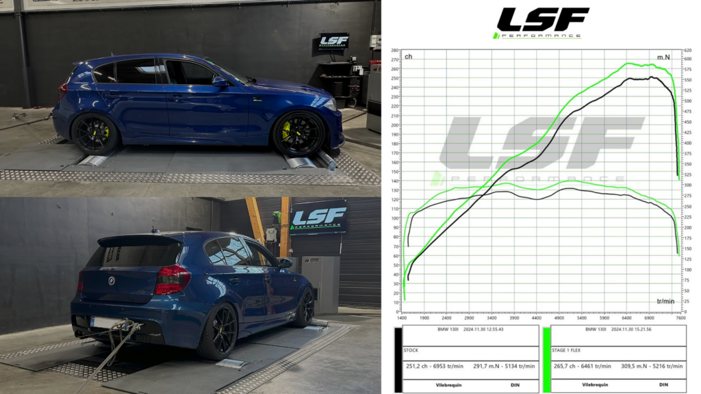 "Stage 1 FlexFuel pour cette BMW 130i à Thonon : 265 cv et 310 Nm. Une optimisation sur-mesure signée LSF Performance pour des performances et une économie au top. #OptimisationMoteur #BMW130i #LSFPerformance"