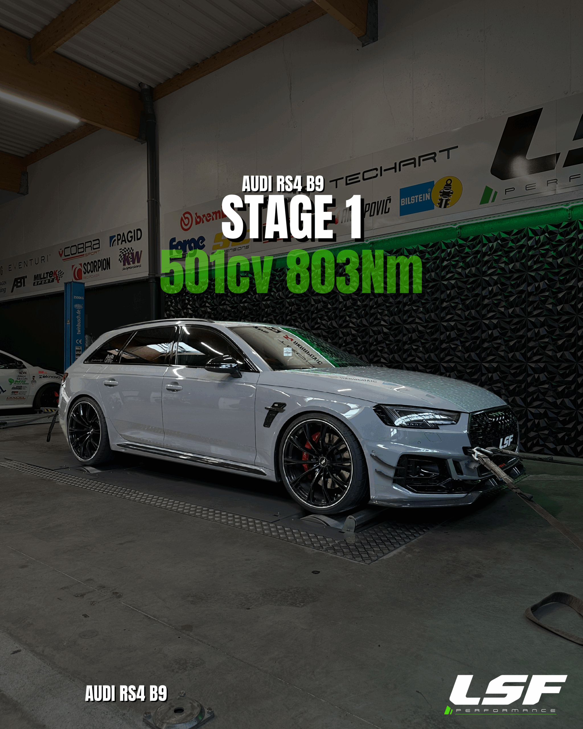 Reprogrammation moteur Stage 1 sur une Audi RS4 B9 2.9L V6 biturbo : passage de 458ch à 501ch, avec un couple optimisé à 803Nm. Optimisation sur-mesure réalisée sur banc chez LSF Performance.