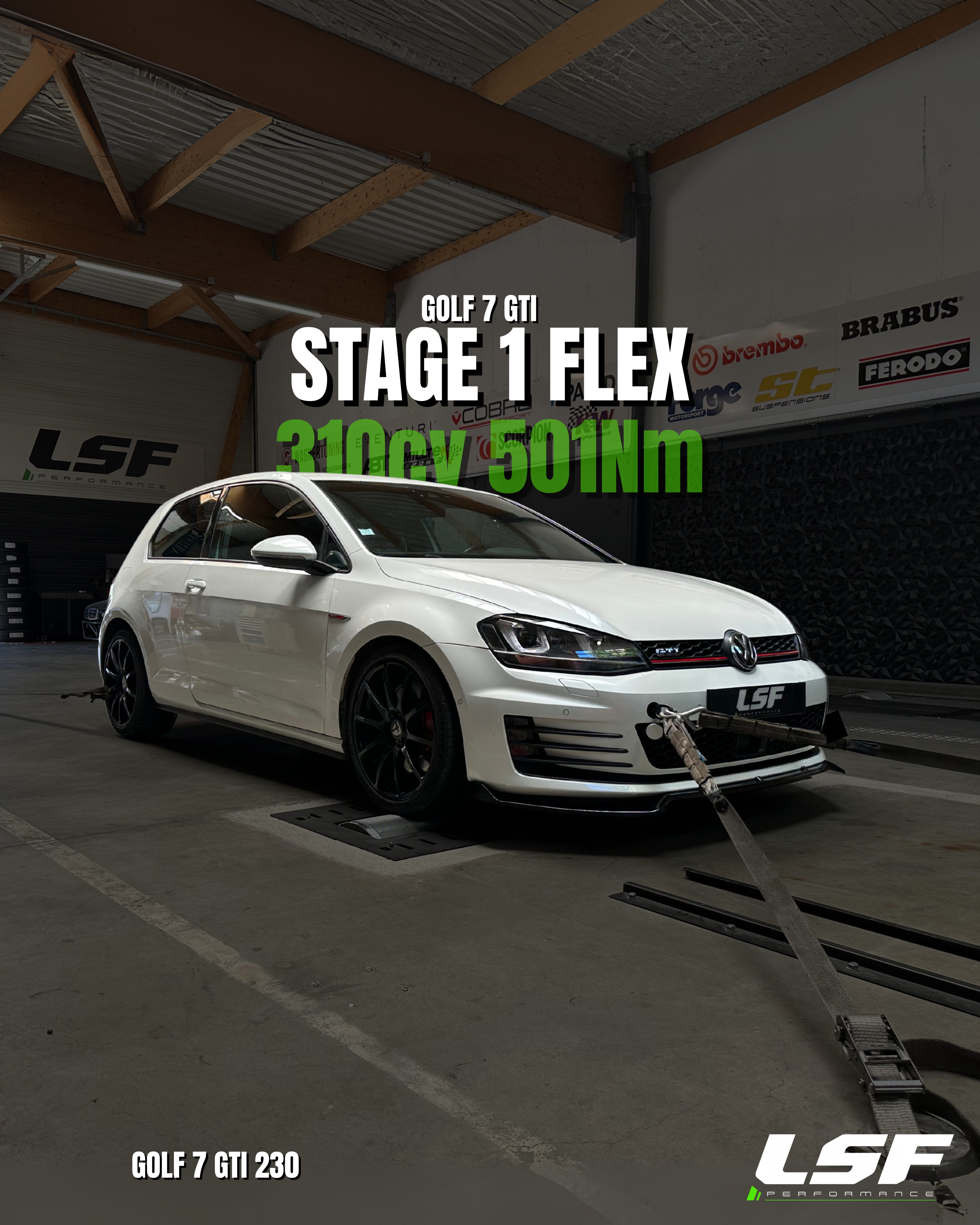 Optimisation moteur Stage 1 FlexFuel pour Golf 7 GTI 230 : gagnez en puissance (310 CV) et en couple (501 Nm) tout en roulant au SP98 ou à l’éthanol E85. Reprogrammation sur mesure sur banc de puissance.