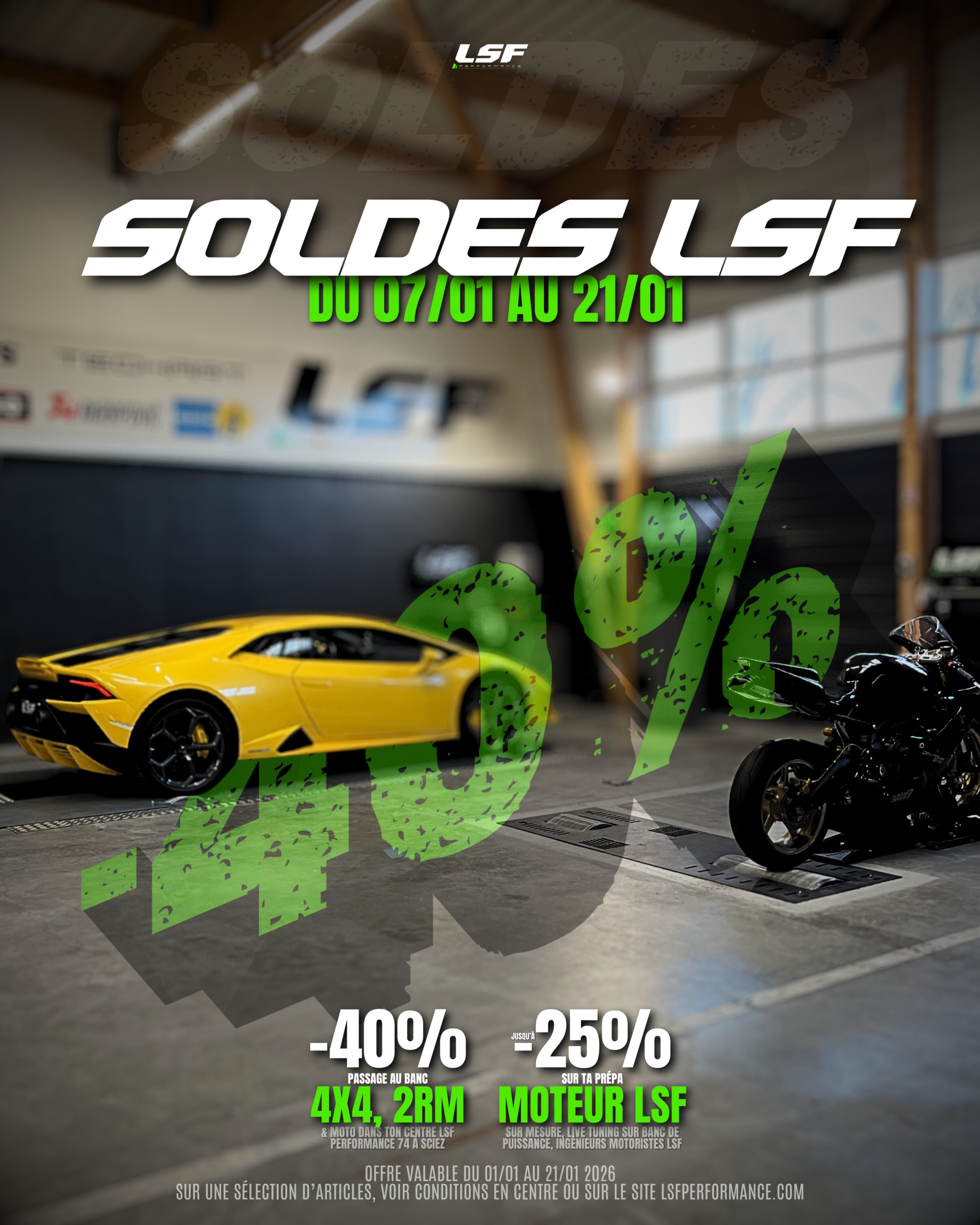 Du 07 janvier au 21 juillet, profitez des soldes d’hiver chez LSF Performance avec jusqu’à -40 % sur le passage au banc de puissance et jusqu’à -25 % sur votre préparation moteur Stage 1 et/ou conversion FlexFuel E85 dans les centres LSF Performance 13 et 74.