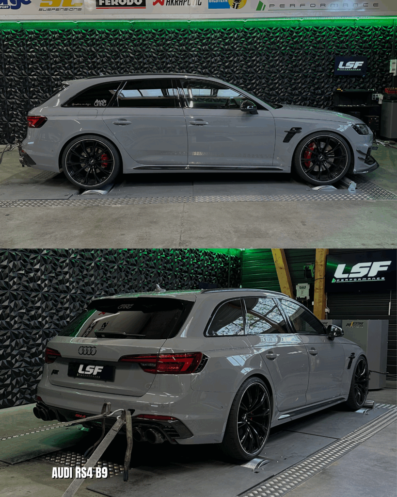 Reprogrammation moteur Stage 1 sur une Audi RS4 B9 2.9L V6 biturbo : passage de 458ch à 501ch, avec un couple optimisé à 803Nm. Optimisation sur-mesure réalisée sur banc chez LSF Performance.