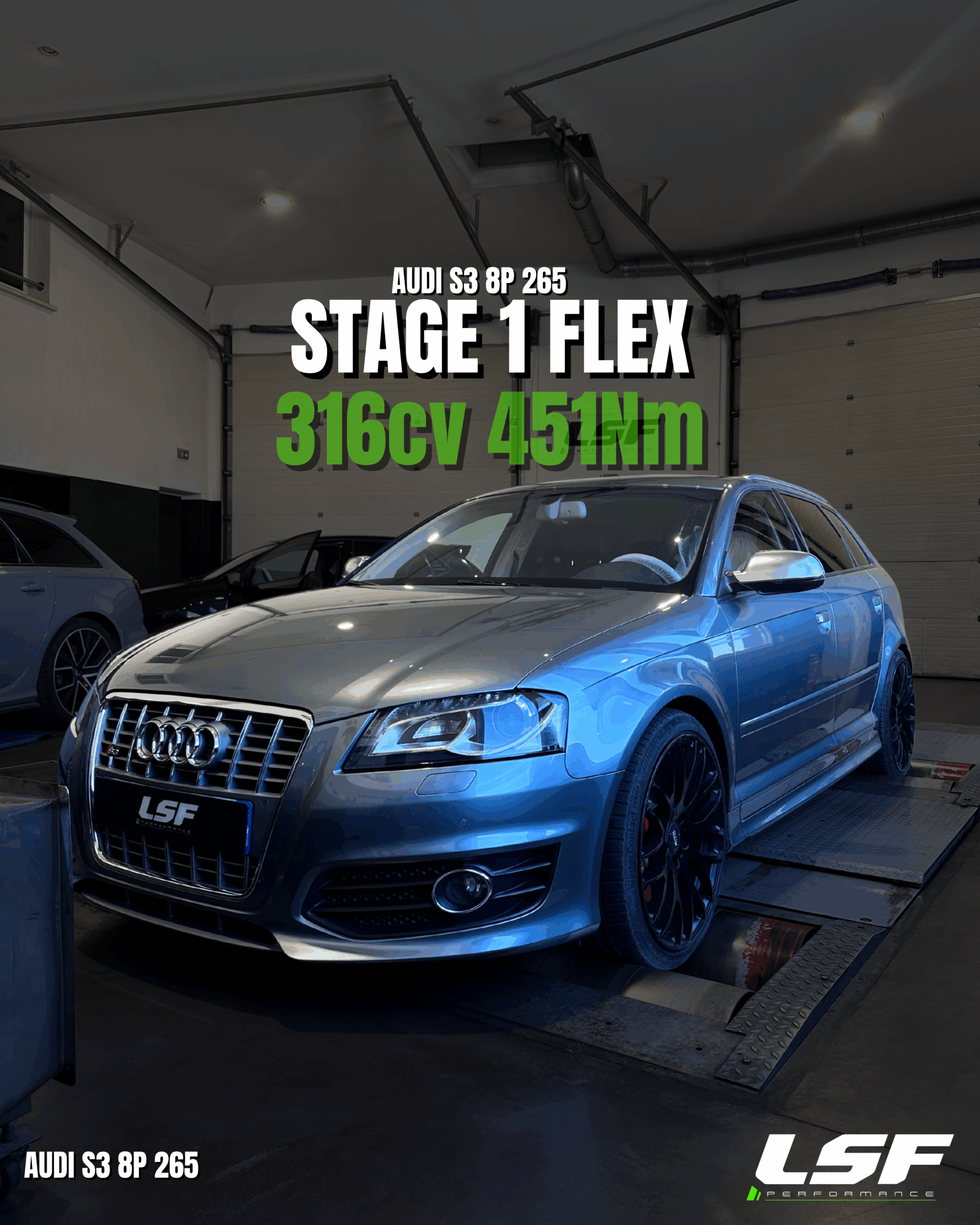 Reprogrammation moteur Stage 1 et conversion éthanol sur une AUDI S3 8P : passage de 370ch à 316 couple optimisé à 451 Nm. Optimisation sur-mesure réalisée sur banc chez LSF Performance.