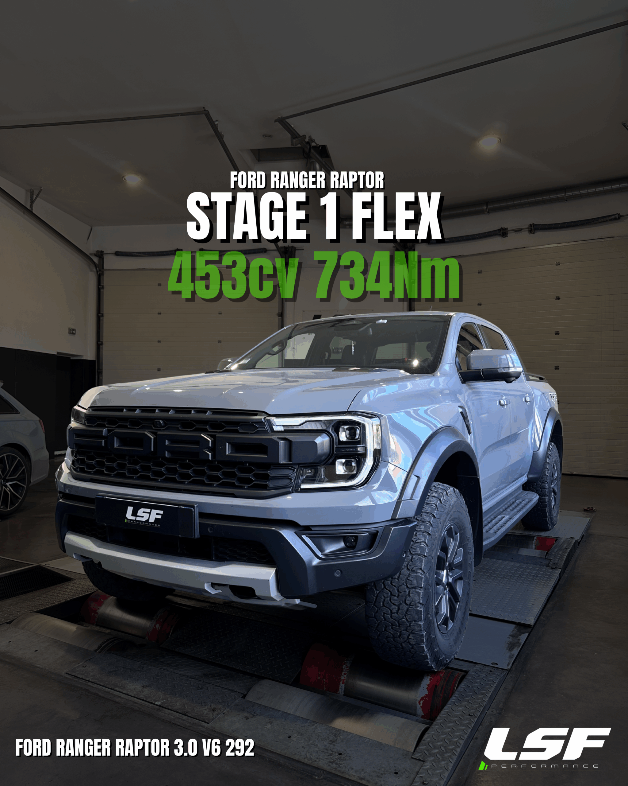 Reprogrammation moteur Stage 1 sur les derniers FORD RANGER RAPTOR : passage de 272ch à 453ch, avec un couple optimisé à 734Nm. Optimisation sur-mesure réalisée sur banc chez LSF Performance.