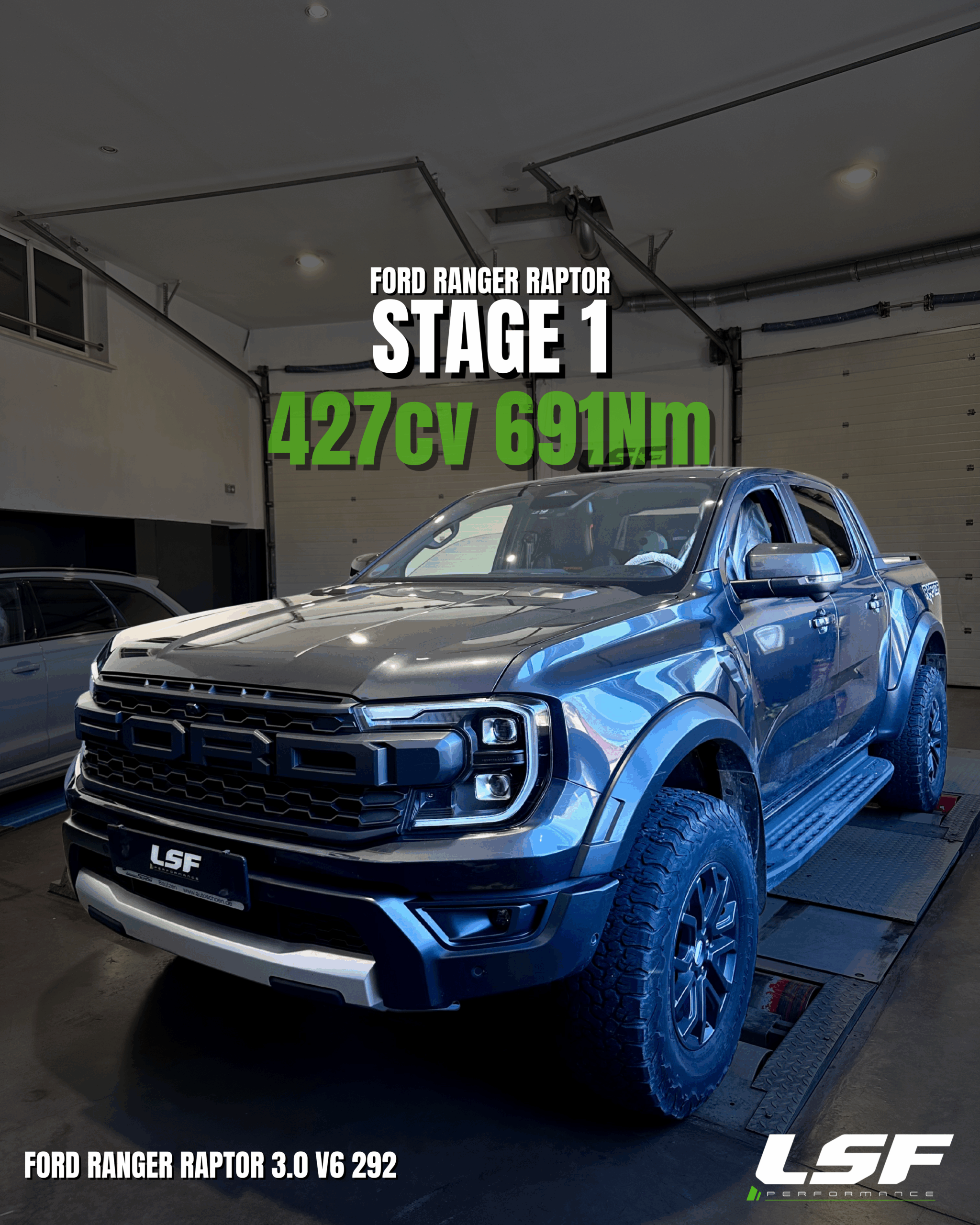Reprogrammation moteur Stage 1 sur les derniers FORD RANGER RAPTOR. Optimisation sur-mesure réalisée sur banc chez LSF Performance.