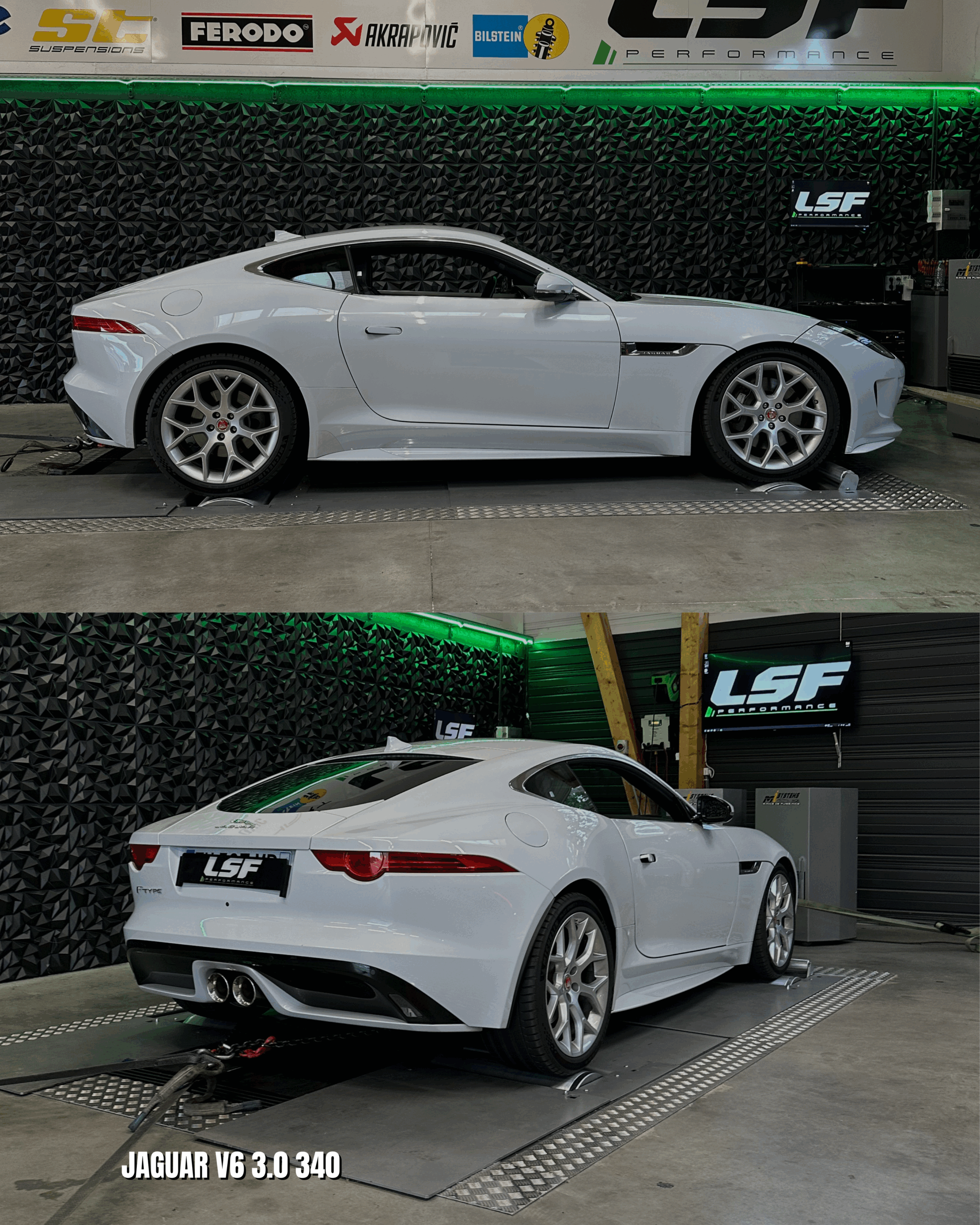 Optimisation Stage 1 moteur et TCU sur Jaguar V6 3.0 340 réalisée chez LSF Performance 74. +50 ch et +80 Nm mesurés sur banc, avec une boîte recalibrée pour un plaisir de conduite amplifié.