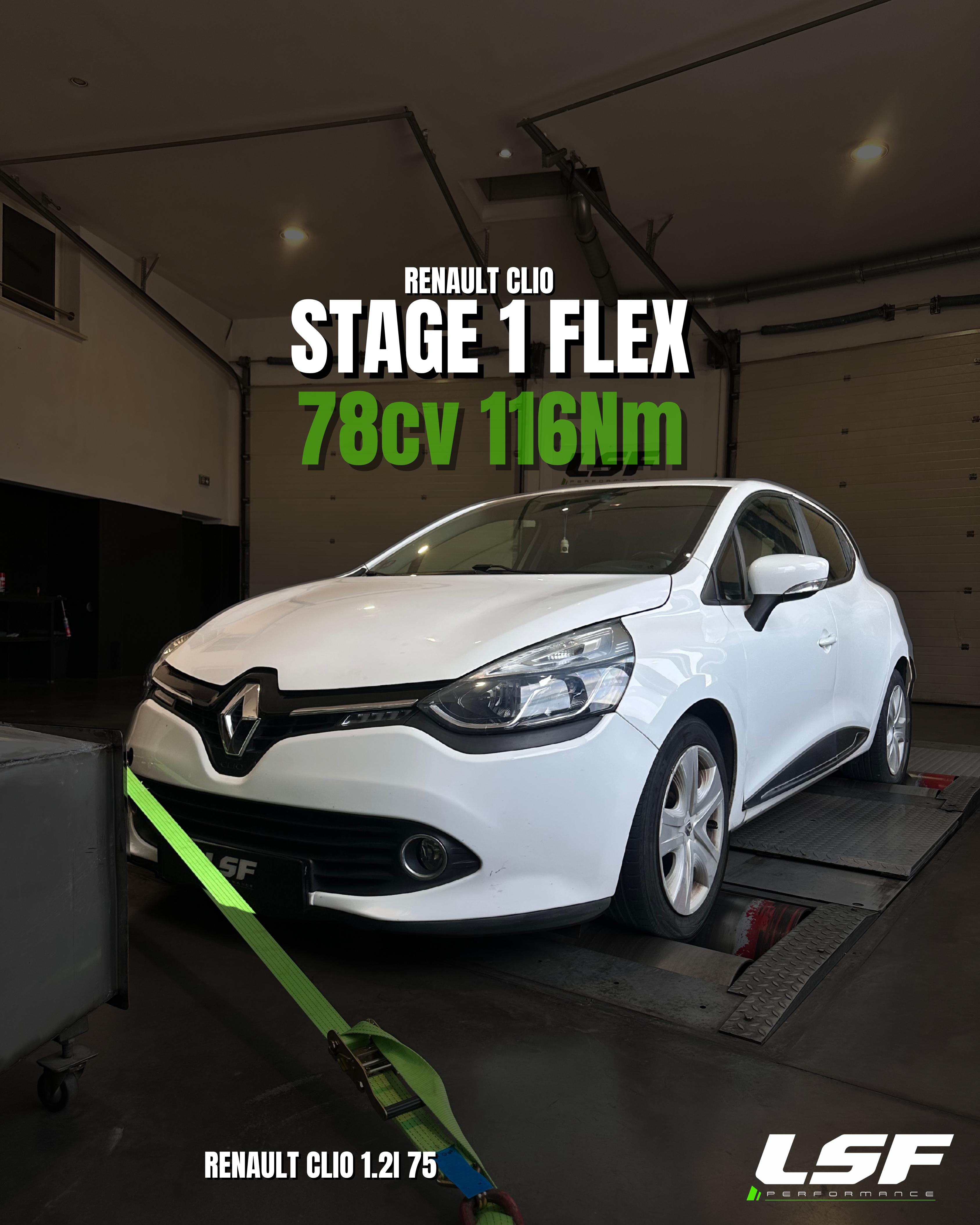 Reprogrammation moteur Stage 1 et conversion éthanol sur une Renault Clio 1.2 75 : passage de 71ch à 78ch, avec un couple optimisé à 116Nm. Optimisation sur-mesure réalisée sur banc chez LSF Performance.