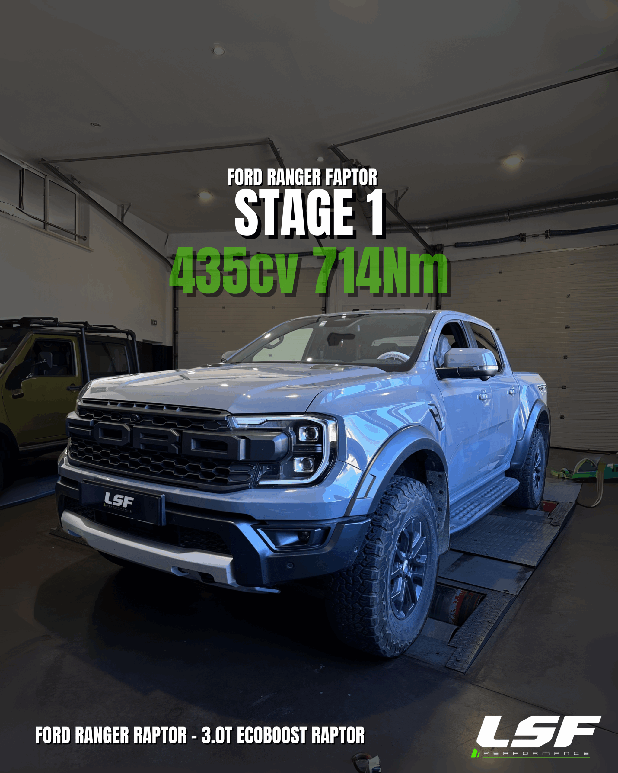 Reprogrammation moteur Stage 1 sur les derniers FORD RANGER RAPTOR : passage de 271ch à 435ch, avec un couple optimisé à 714Nm. Optimisation sur-mesure réalisée sur banc chez LSF Performance.