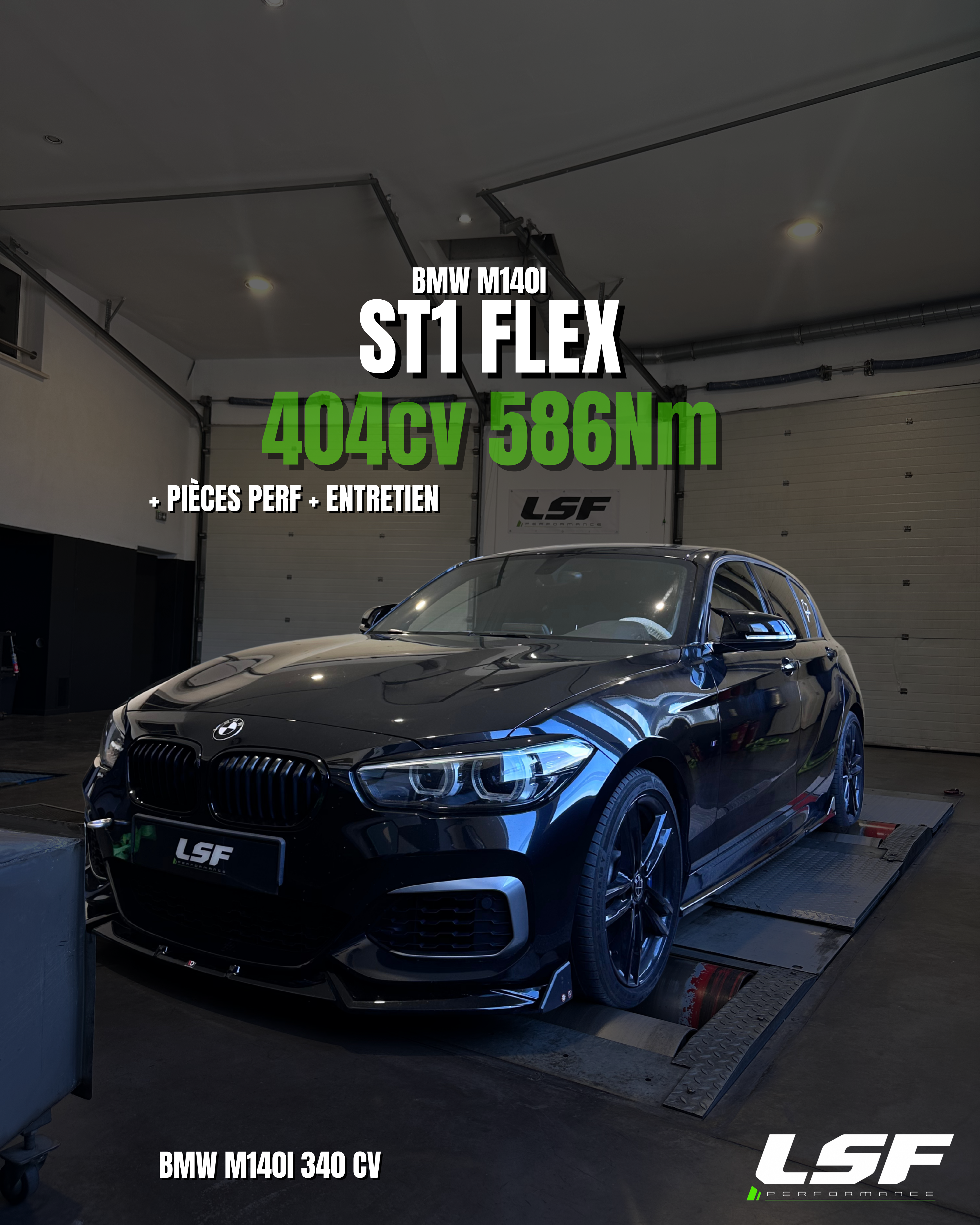 Reprogrammation moteur Stage 1 et conversion éthanol sur une BMW Série 1 140i : passage de 362ch à 404ch, avec un couple optimisé à 586Nm. Optimisation sur-mesure réalisée sur banc chez LSF Performance.
