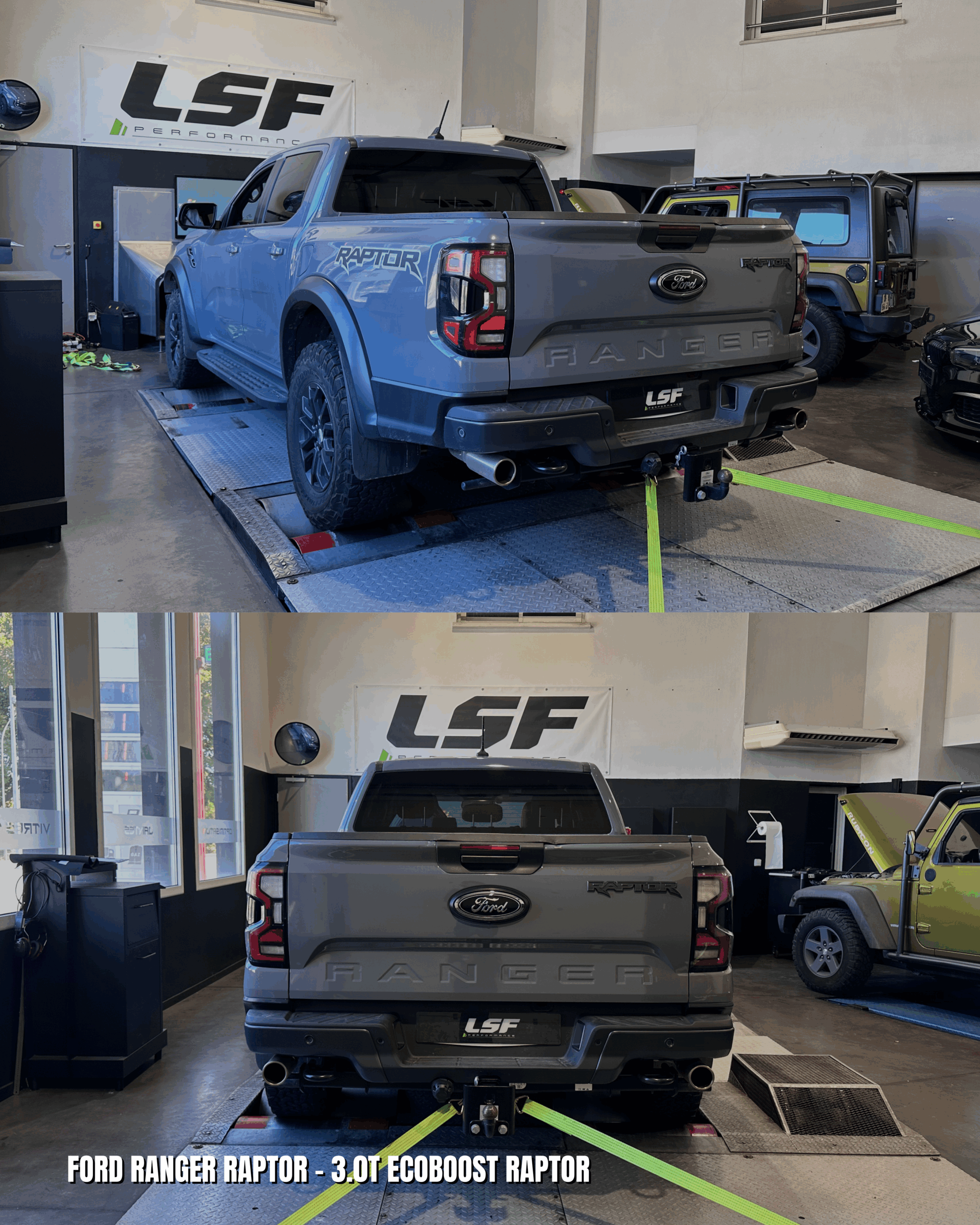 Reprogrammation moteur Stage 1 sur les derniers FORD RANGER RAPTOR : passage de 271ch à 435ch, avec un couple optimisé à 714Nm. Optimisation sur-mesure réalisée sur banc chez LSF Performance.