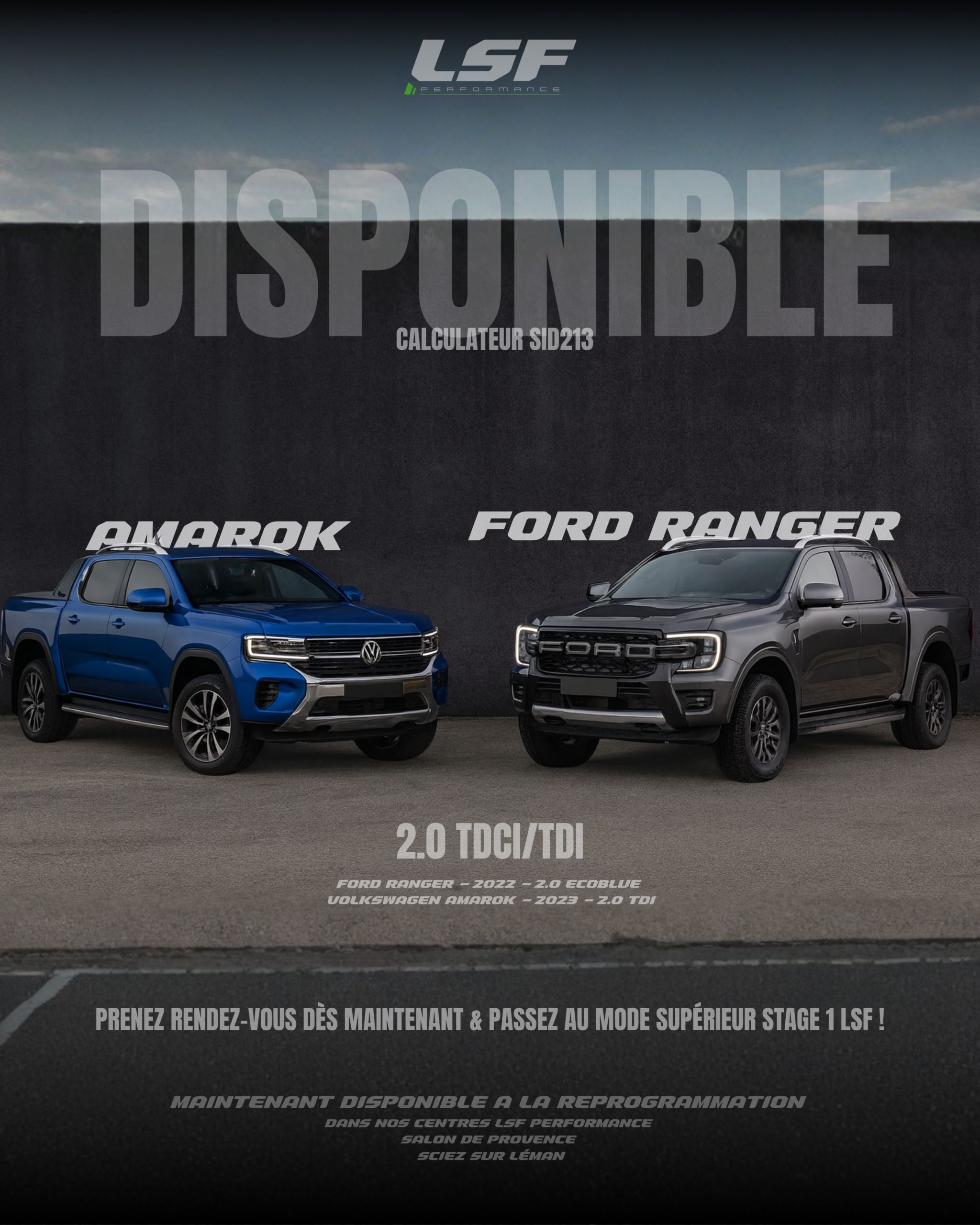 Les Ford Ranger 2022 – 2.0 EcoBlue et VW Amarok 2023 – 2.0 TDI équipés du calculateur SID213 sont enfin disponibles à l’optimisation moteur dans tous nos centres LSF. Développé par nos ingénieurs et validé sur banc de puissance, le Stage 1 LSF offre une montée en performances maîtrisée, précise et mesurable. 👉🏻 Contactez votre centre LSF pour accéder à cette optimisation très attendue.