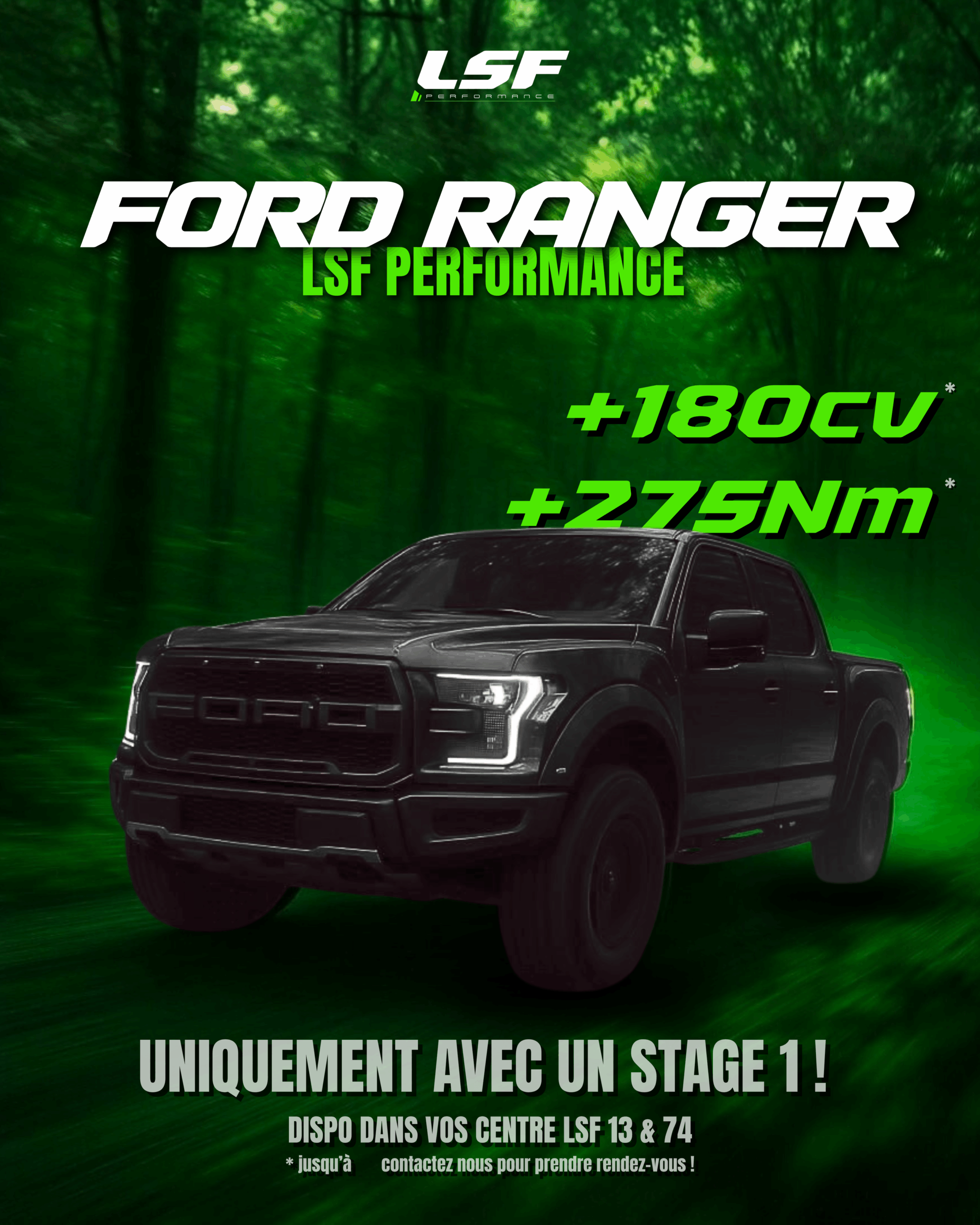 Reprogrammation moteur Stage 1 sur les derniers FORD RANGER RAPTOR : passage de 271ch à 435ch, avec un couple optimisé à 714Nm. Optimisation sur-mesure réalisée sur banc chez LSF Performance.