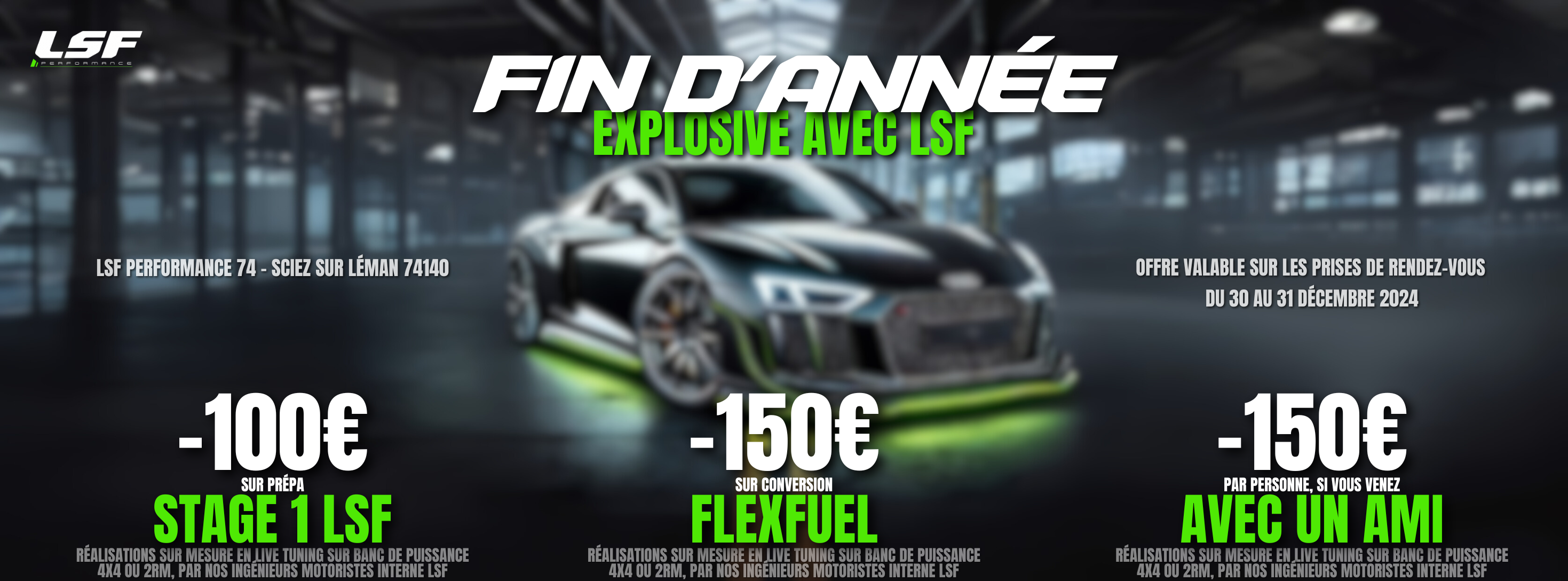 Les 30 et 31 décembre, profitez de -100€ sur Stage 1, -150€ sur FlexFuel, et encore plus si vous venez avec un ami ! Rendez-vous à Sciez-sur-Léman, entre Évian-les-Bains, Thonon-les-Bains, et Annecy, pour booster votre véhicule avant la nouvelle année ! 🚗💥 #LSFPerformance #PromoFinAnnée #ReprogrammationMoteur #FlexFuel #SciezSurLeman #EvianLesBains #ThononLesBains #Annecy