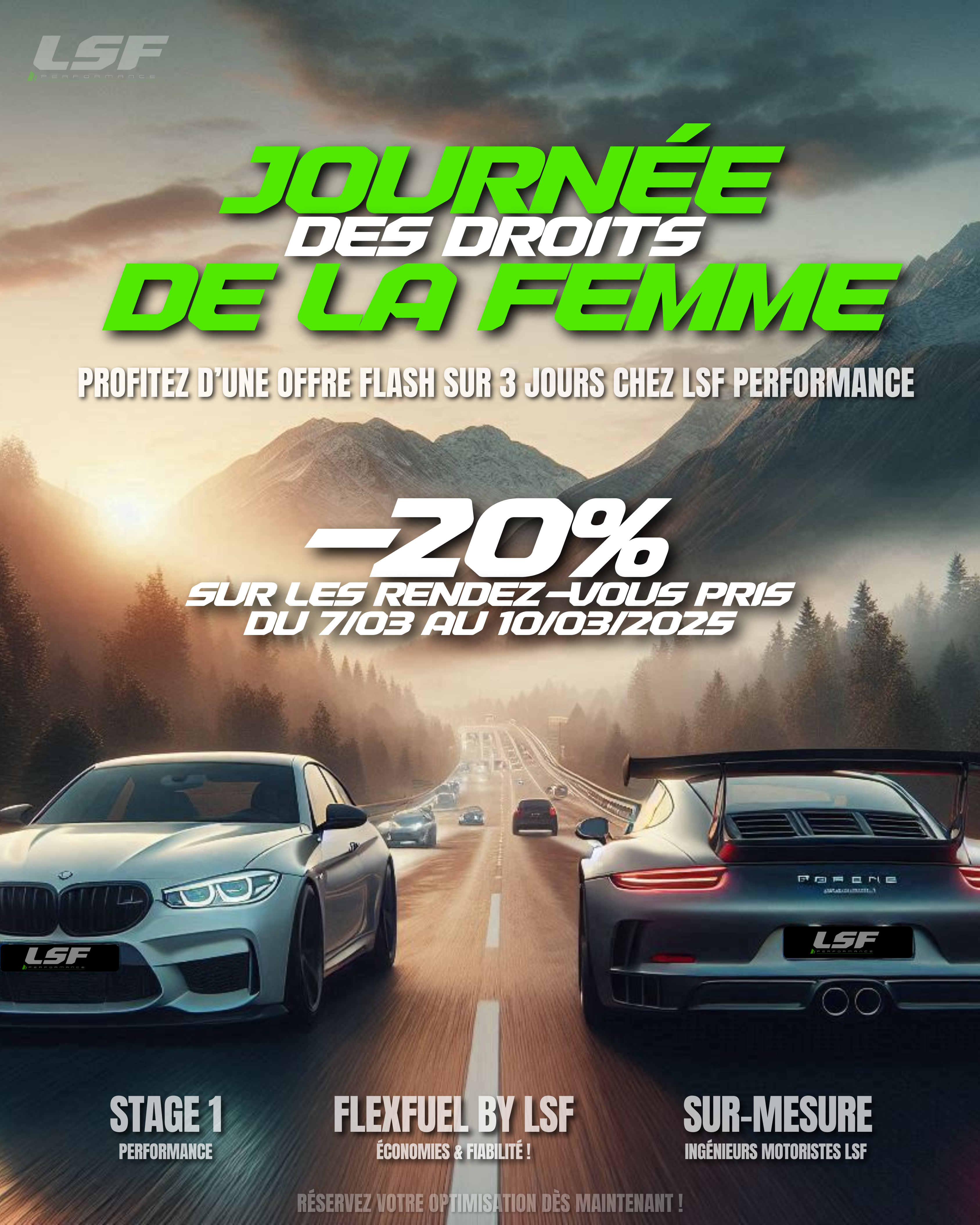 🔥 OFFRE SPÉCIALE -20% 🔥 À l’occasion de la Journée des Droits des Femmes, LSF Performance vous propose une remise exceptionnelle de -20% sur votre optimisation moteur ! 📅 Offre valable uniquement pour les rendez-vous pris entre le 07/03 et le 10/03 👥 Pour toutes et tous : cette promotion s’adresse aussi bien aux femmes qu’aux hommes 🚗 Pourquoi choisir LSF Performance ? ✅ Reprogrammation moteur sur-mesure pour une puissance et un couple optimisés ✅ Passage sur banc de puissance 4x4 et 2 roues motrices pour un réglage précis ✅ Résultats chiffrés avant/après, avec remise de la courbe d’optimisation ✅ Fiabilité garantie, toutes nos prestations sont effectuées sans essai routier ✅ Conversion FlexFuel, améliorez votre véhicule tout en réalisant des économies 📍 Où nous trouver ? LSF Performance est situé à Sciez-sur-Léman, près d’Évian-les-Bains, et met son expertise au service des passionnés d’automobile et des professionnels. ⚠️ Ne manquez pas cette opportunité unique ! Prenez vite rendez-vous et profitez de -20% sur l’optimisation moteur de votre véhicule. 📞 Contactez-nous dès maintenant pour réserver votre créneau