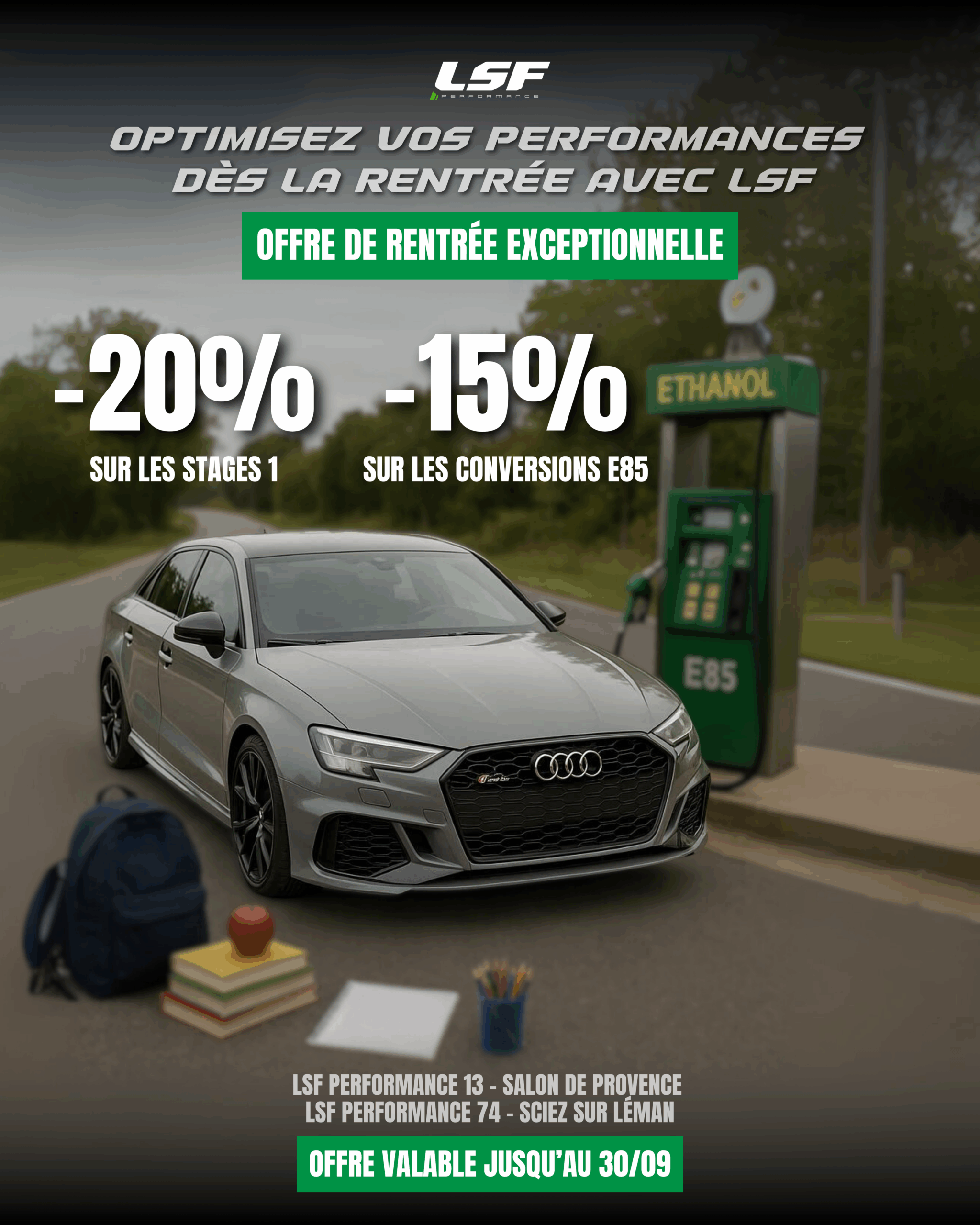 🚀 C’est la rentrée chez LSF Performance Et qui dit rentrée… dit offre exceptionnelle ! 👉🏻 Profitez de : ✅ -20% sur tous nos stages de reprogrammation moteur ✅ -15% sur les conversions FlexFuel E85 Chez LSF Performance, chaque optimisation est réalisée sur banc de puissance par nos motoristes expérimentés, avec des résultats chiffrés et 100% personnalisés. 📍 Offre valable dans nos deux centres : LSF Performance 13 à Salon-de-Provence LSF Performance 74 à Sciez-sur-Léman (près d’Évian) 🔥 Offre valable jusqu’au 30/09 – réservez dès maintenant votre créneau pour optimiser votre véhicule.